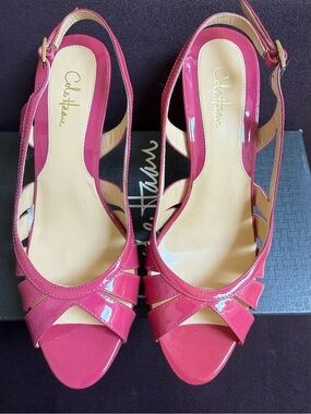 Cole Haan Hot Pink Patent Leather Peep Toe Heels size 6.5